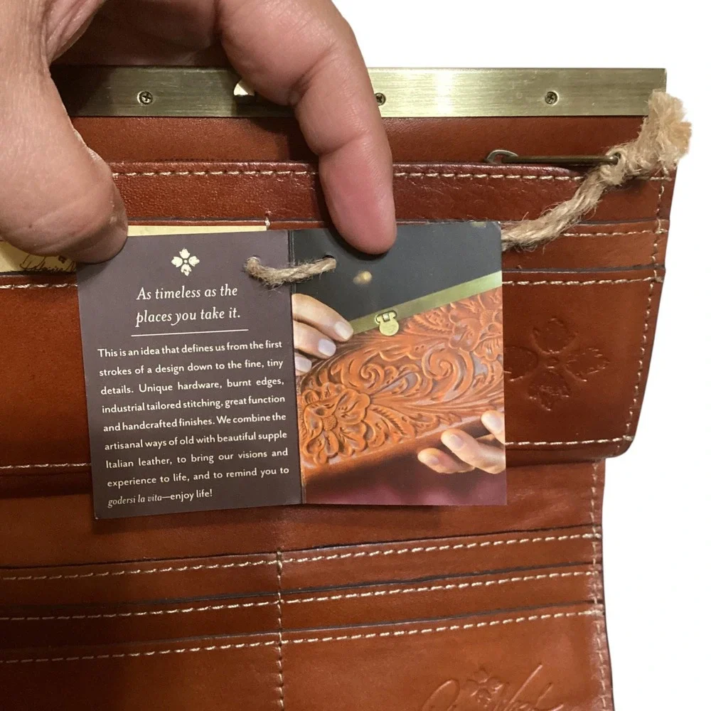 Patricia Nash Florence Leather Floral Embossed Wallet Clutch Brown Kiss Lock
